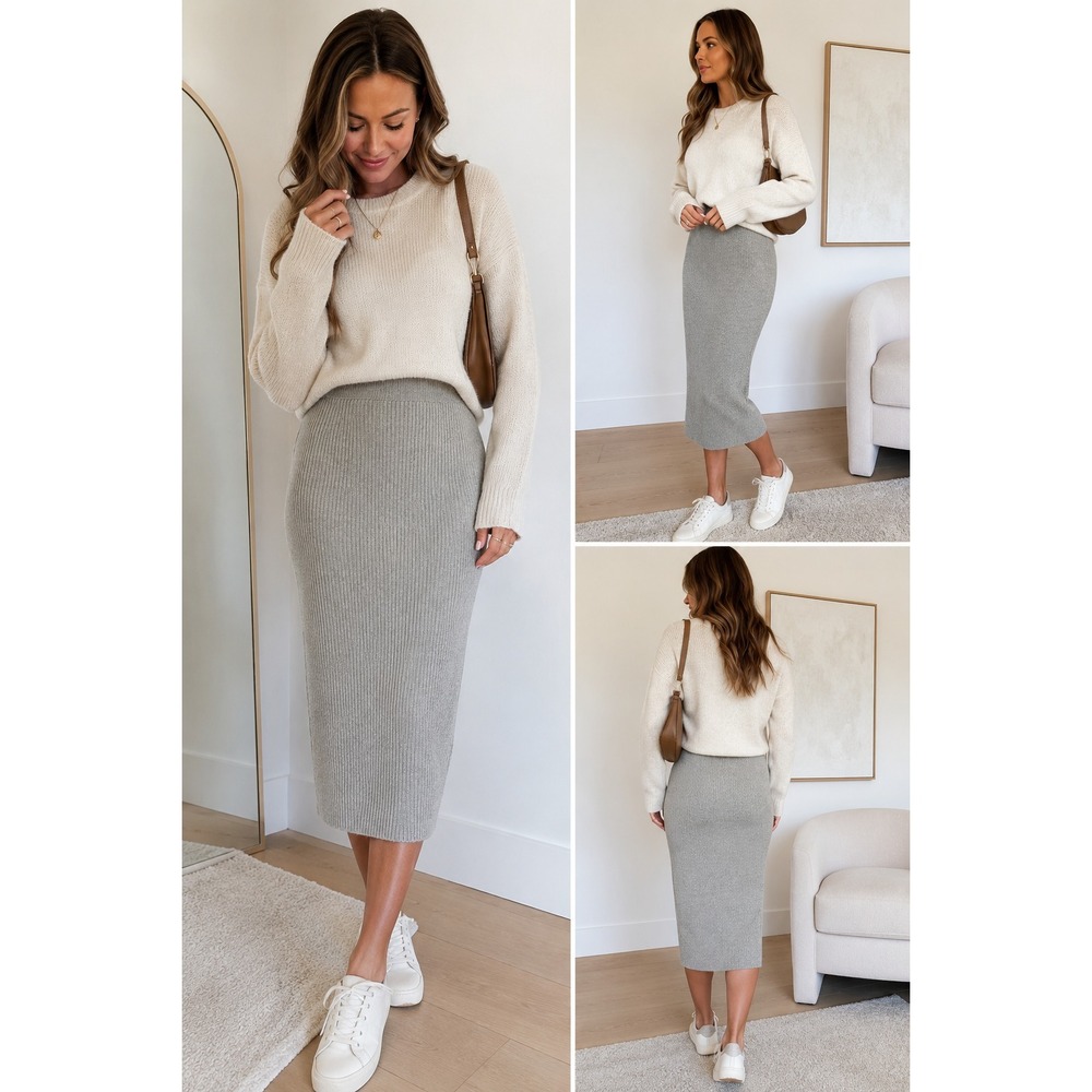 Cupcakes‎ and Cashmere Ribbed Knit Midi Skirt Gray XS